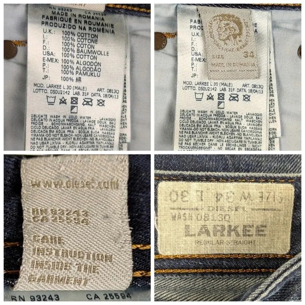 Diesel Larkee 0813Q Men’s Straight Leg Jeans Dark Wash Size 34    J1711